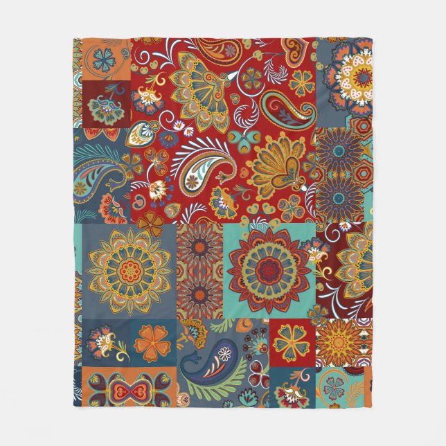 Vintage Paisley Mandala Colourful Patchwork Fleece Blanket (Front)
