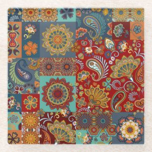Vintage Paisley Mandala Colourful Patchwork Glass Coaster