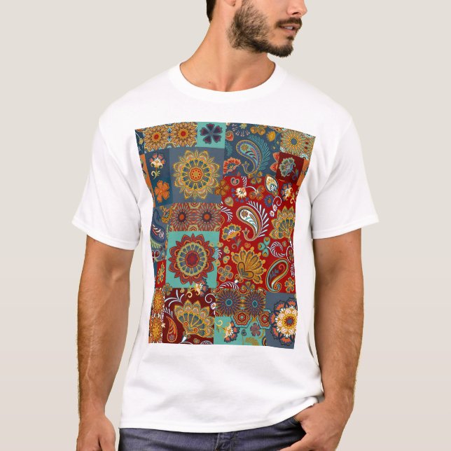 Vintage Paisley Mandala Colourful Patchwork T-Shirt (Front)