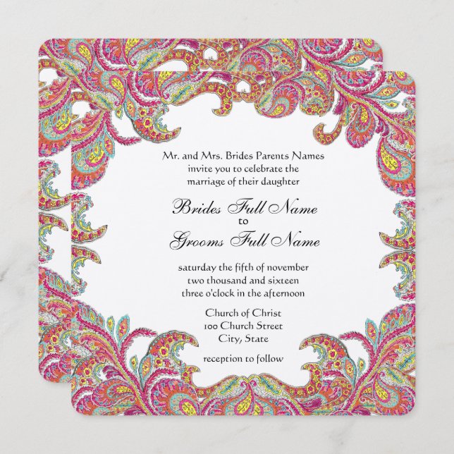 Vintage Paisley Pink, Raspberry and Lime Weddings Invitation (Front/Back)
