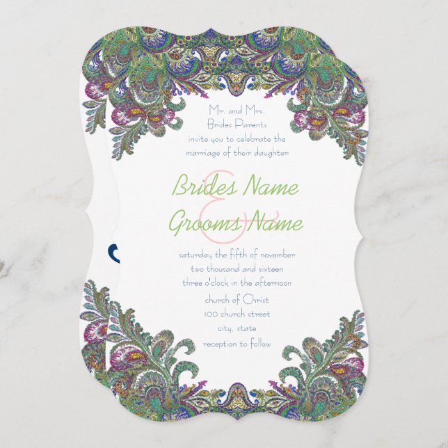 Vintage Paisley Raspberry and Green Peacock Colour Invitation (Front/Back)
