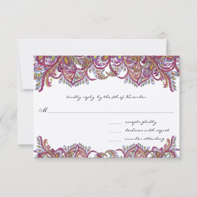 Vintage Paisley Raspberry Feathers RSVP Card (Front)