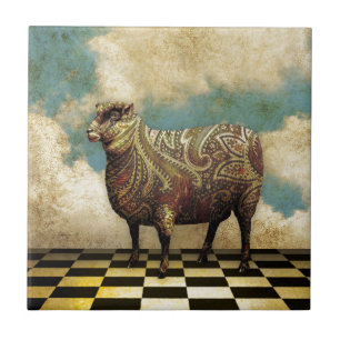 Vintage Paisley Sheep in Brown Tile