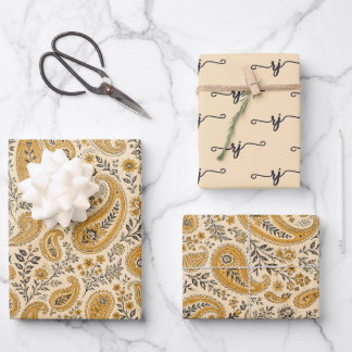 Vintage Paisley Wrapping Paper Flat Sheet Set of 3