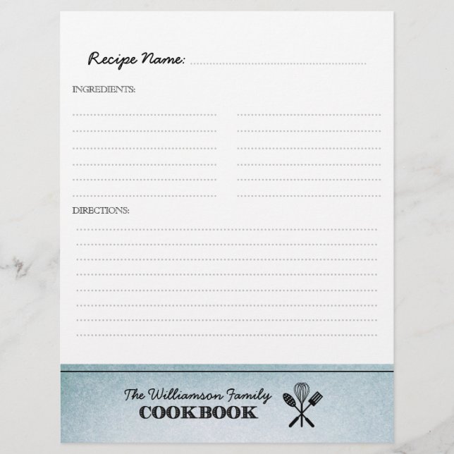 Vintage Pale Blue Family Cookbook Binder Insert (Front)