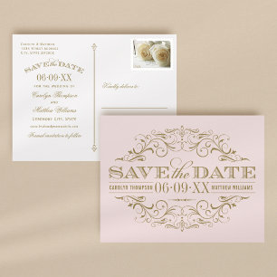 Vintage Pale Pink Gold Scrollwork Save the Date Announcement Postcard