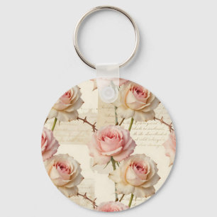 Vintage Pale Pink Rose Script Pattern Key Ring