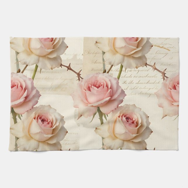Vintage Pale Pink Rose Script Pattern Tea Towel (Horizontal)