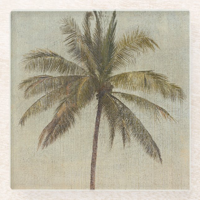 Vintage Palm Tree Painting Glass Coaster (Front)