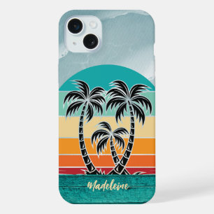 Vintage Palm Tree Silhouette Beach Sunset Monogram iPhone 15 Plus Case