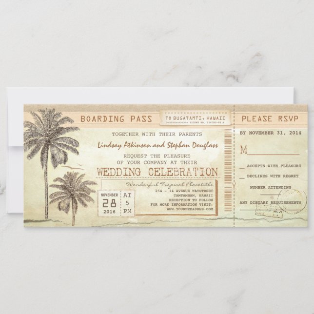 Vintage Palms Seaside Boarding Pass Wedding Ticket Invitation (Front)