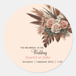 Vintage pampas grass rose floral wedding classic round sticker