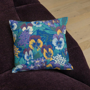 Vintage Pansy Floral Pattern   Blue Cottage Garden Cushion