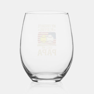Vintage Papa Baseball Softball Players Shirt Desig Stemless Wine Glass