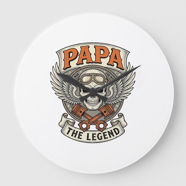 Vintage Papa Biker Skull Legend Large Clock (Front)