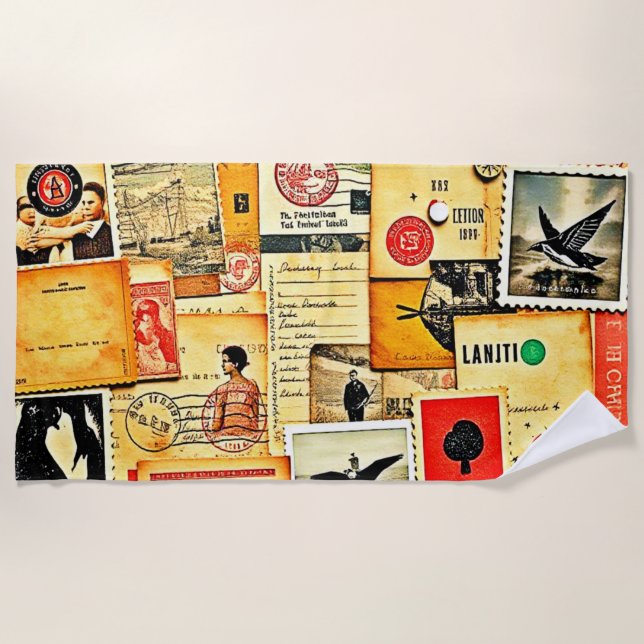 Vintage Paper Collage Art Beach Towel (Front)
