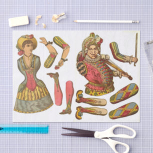 Vintage Paper Cut Out Lady & Jester Dolls