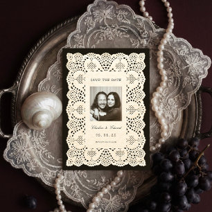Vintage Paper Doily Lace Black Save the Date Invitation