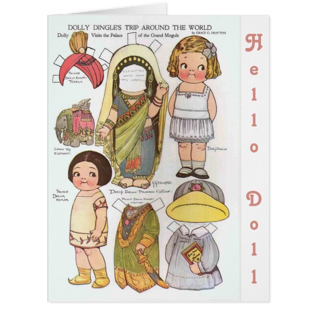 Vintage Paper Dolls "Hello" Merry Christmas Card (Front)
