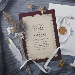 Vintage Paper Lace Burgundy Elegant Modern Wedding Invitation