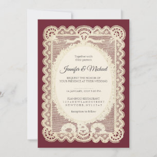Vintage Paper Lace Burgundy Wedding Invitation