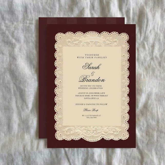 Vintage Paper Lace Burgundy Wedding Invitation (Creator Uploaded)
