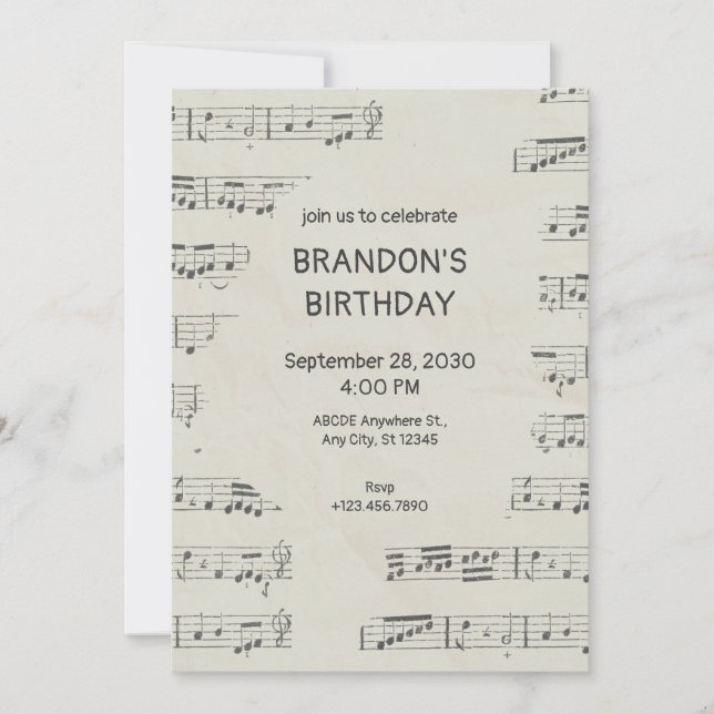 Vintage paper musical notes birthday  invitation (Front)