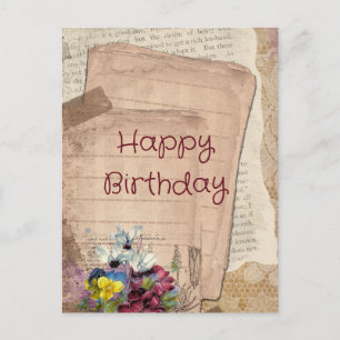 Vintage Papers and Flowers Happy Birthday Postcard