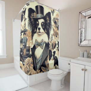 Vintage Papillon Dog Illustration Shower Curtain