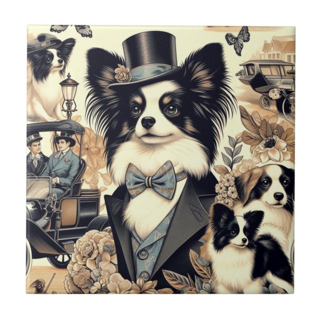 Vintage Papillon Dog Illustration Tile (Front)