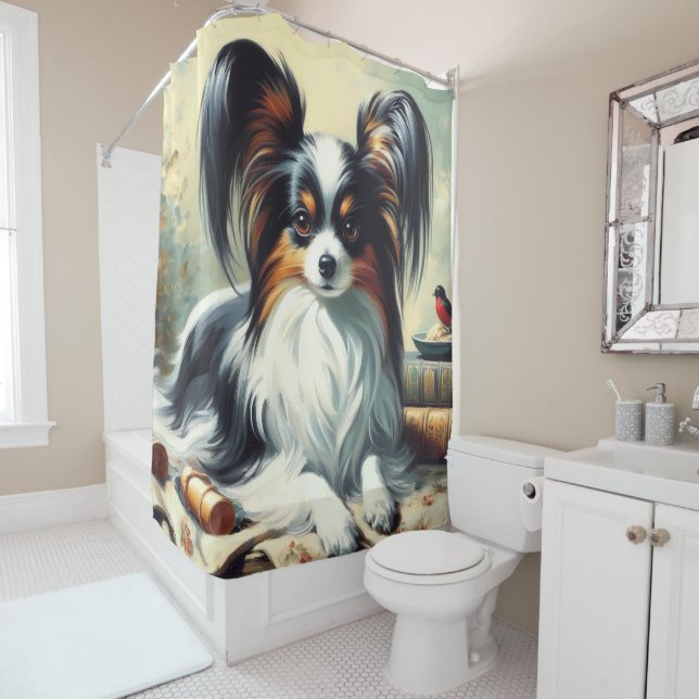 Vintage Papillon Dog Painting Shower Curtain (In Situ)