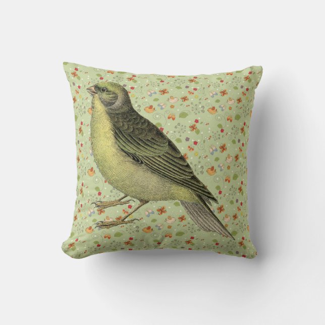 Vintage Parakeet on Folk Art Pattern Cushion (Front)