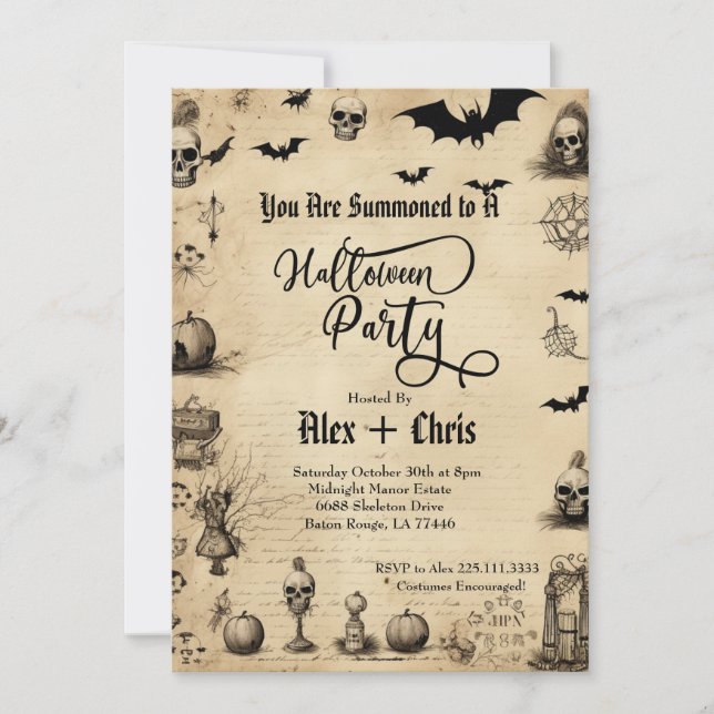 Vintage Parchment Adult Gothic Halloween Party Invitation (Front)