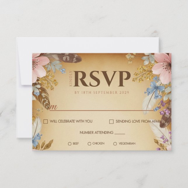 Vintage Parchment and Floral Wedding RSVP Card (Front)