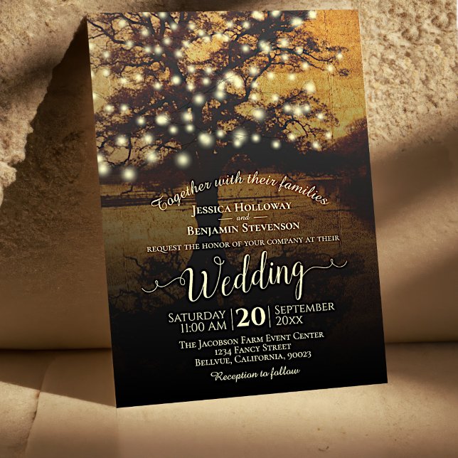 Vintage Parchment Fall Tree Lights Rustic Wedding Invitation (Creator Uploaded)