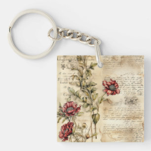 Vintage Parchment Love Letter with Flowers (1) Key Ring