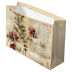 Vintage Parchment Love Letter with Flowers (1) Large Gift Bag