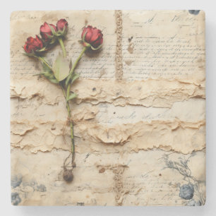 Vintage Parchment Love Letter with Flowers (2) Stone Coaster
