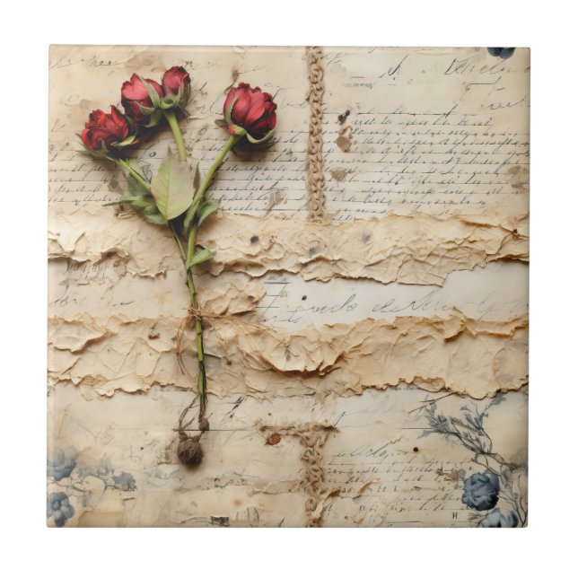 Vintage Parchment Love Letter with Flowers (2) Tile (Front)