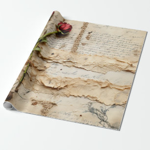 Vintage Parchment Love Letter with Flowers (2) Wrapping Paper