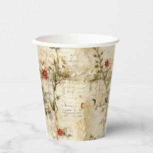 Vintage Parchment Love Letter with Flowers (6) Paper Cups