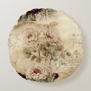 Vintage Parchment Love Letter with Flowers (7) Round Cushion