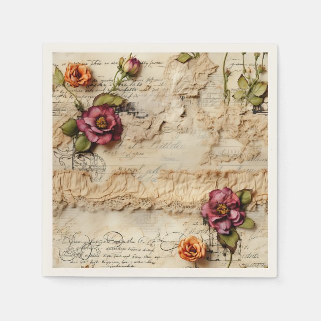 Vintage Parchment Love Letter with Flowers (8) Napkin (Front)