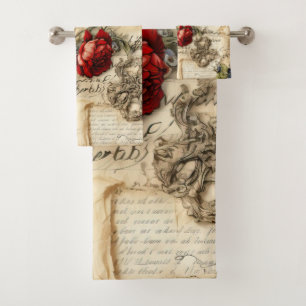 Vintage Parchment Love Letter with Flowers (9) Bath Towel Set