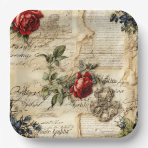 Vintage Parchment Love Letter with Flowers (9) Paper Plate