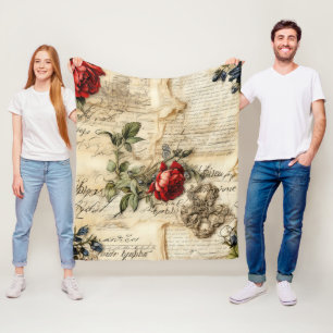 Vintage Parchment Love Letter with Flowers Fleece Blanket