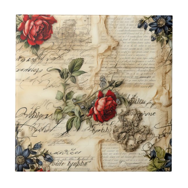 Vintage Parchment Love Letter with Flowers Tile (Front)