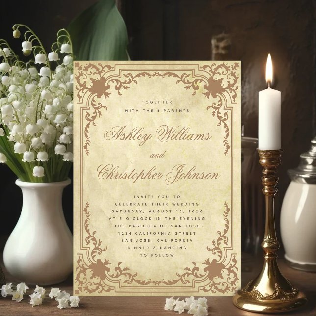 Vintage Parchment Ornate Frame Elegant Wedding Invitation (Antique Wedding Invitation with Vintage Background)