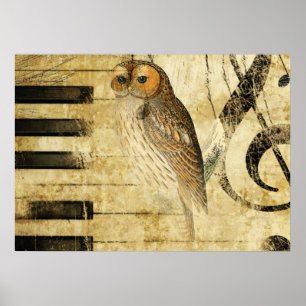 Vintage Parchment ~  Owl on Piano Poster