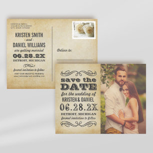 Vintage Parchment Photo Save the Date Announcement Postcard